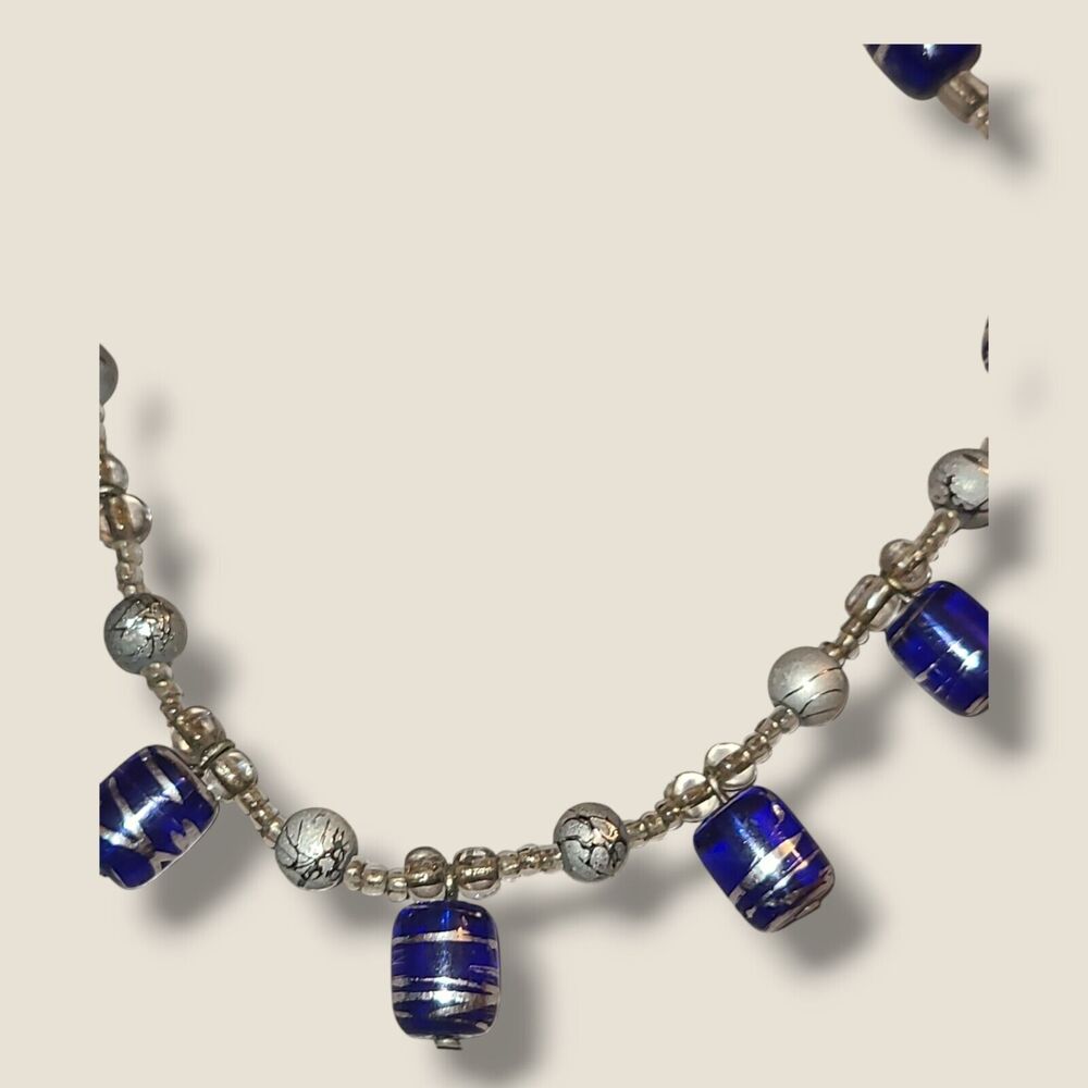 Blue & Silver Art‎ Glass Bead Choker Collar Necklace 15" - Picture 7 of 9